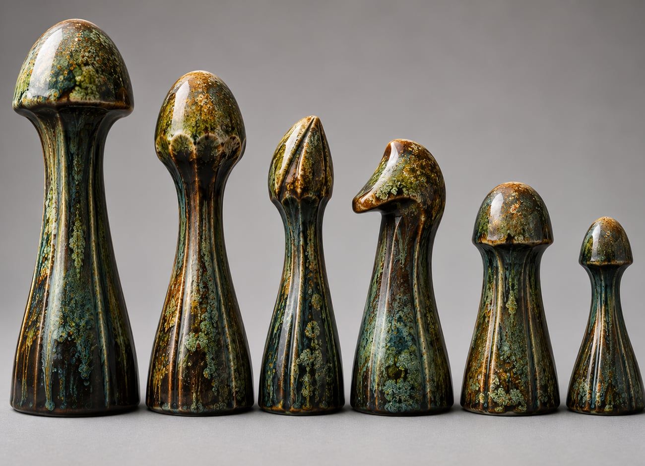 Fungi — six dark ceramic pieces in a row