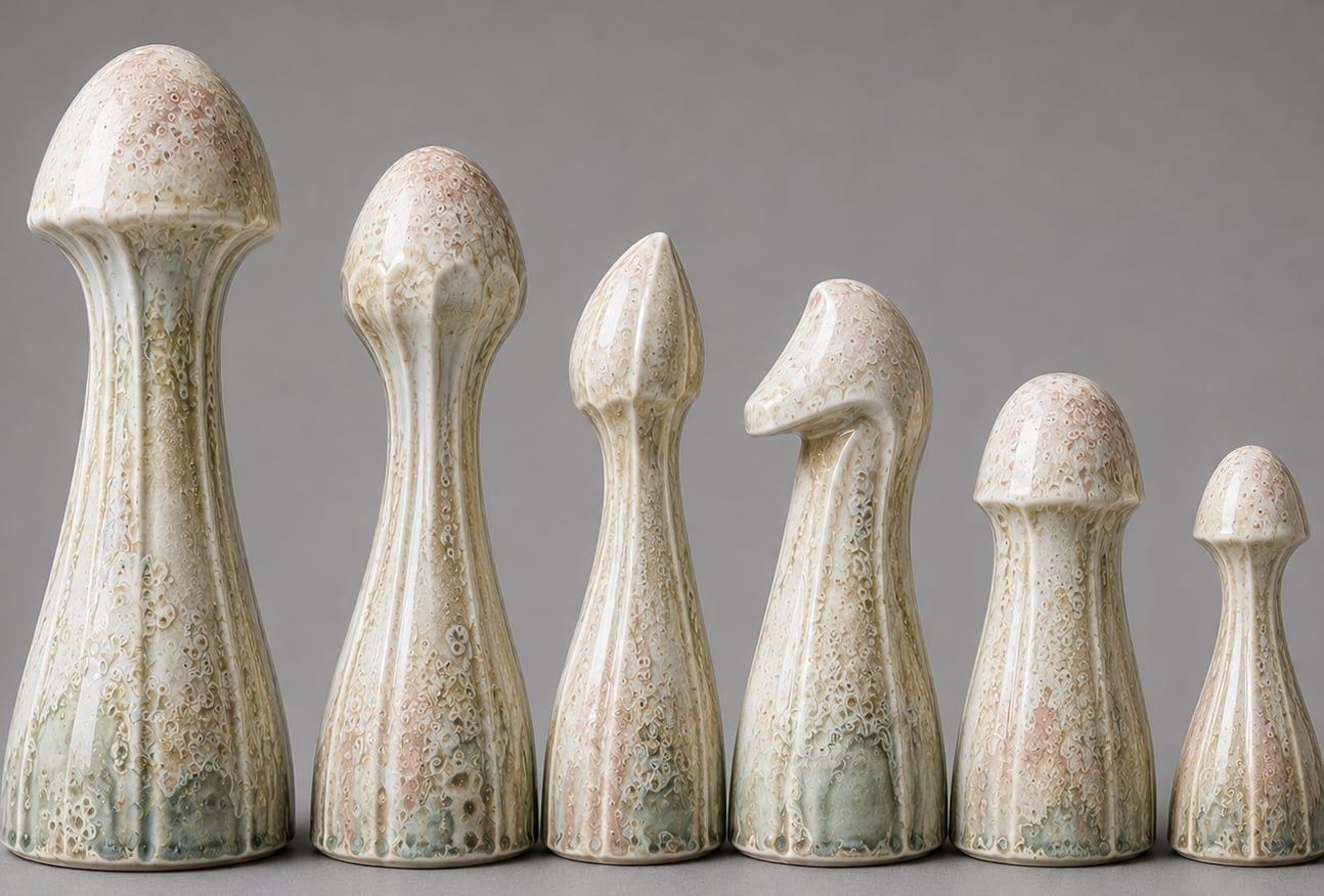 Fungi — six ceramic pieces, king to pawn