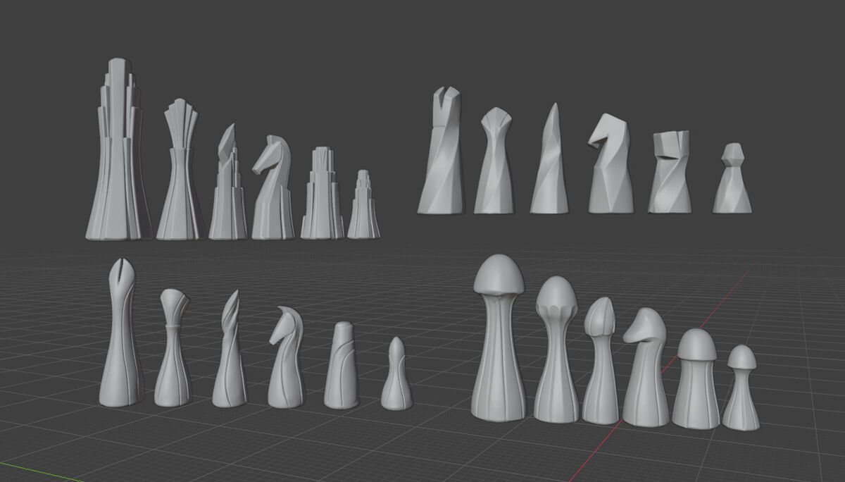 Digital models of four chess sets in 3D software